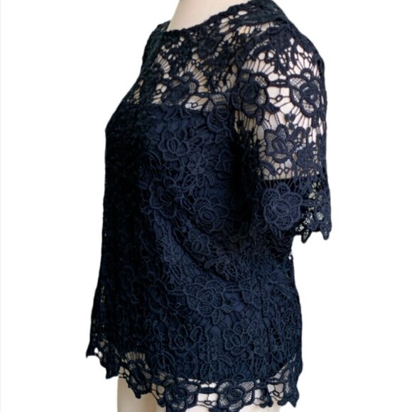 Nanette Lepore Black Guipure Lace Short Sleeve Top Sz L #17E - Picture 5 of 8